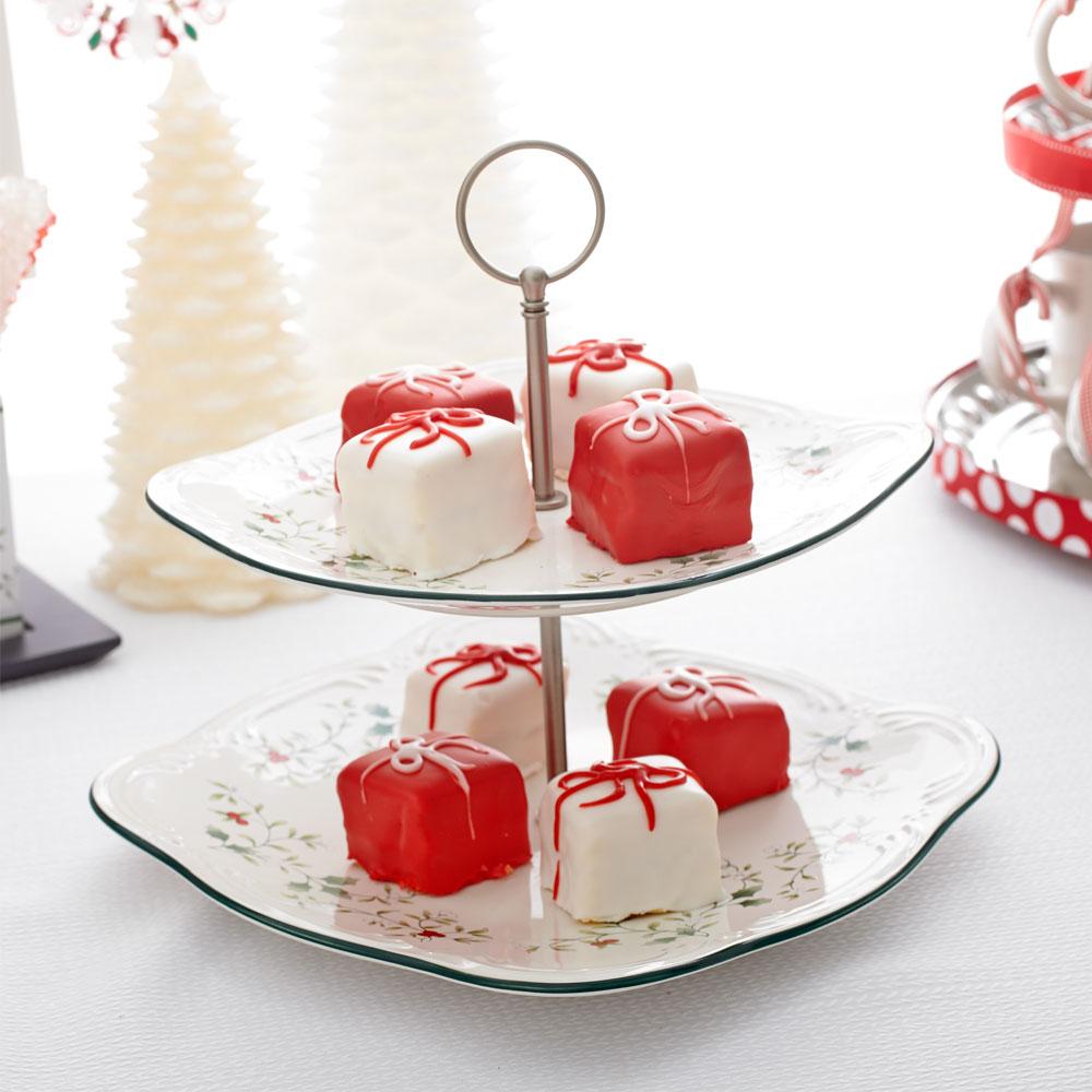 Winterberry Square Tiered Serving Tray displayed with festive desserts for a holiday party.