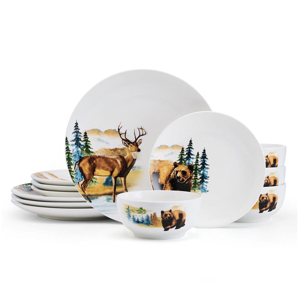 Close-up of a Woodland Whimsy dinner plate with a regal deer design